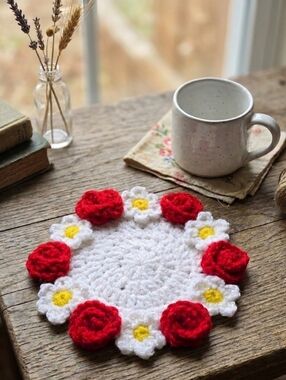 Handmade White Crochet Floral Coaster with Red Roses